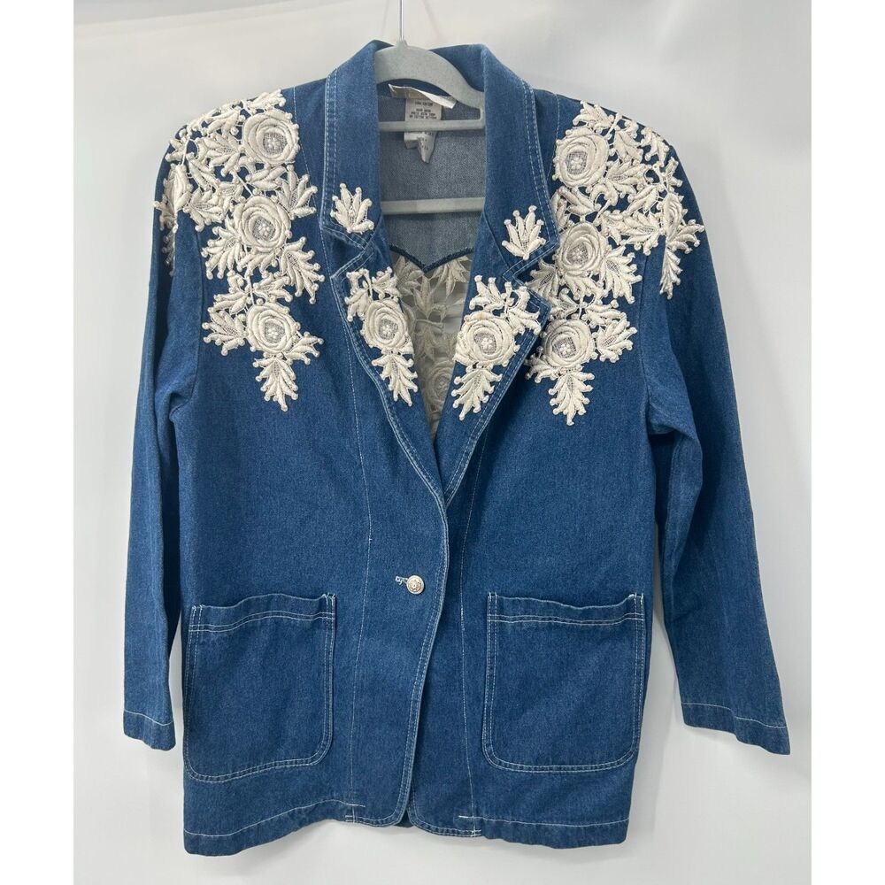 Vtg Embroidered Denim Jacket Lace Rossette Applique Dolly Country S Oversized